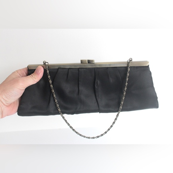 Vintage Matt Black Satin and Antiqued Brass Clutch with Chain, Evening Bag Retro - Picture 8 of 9